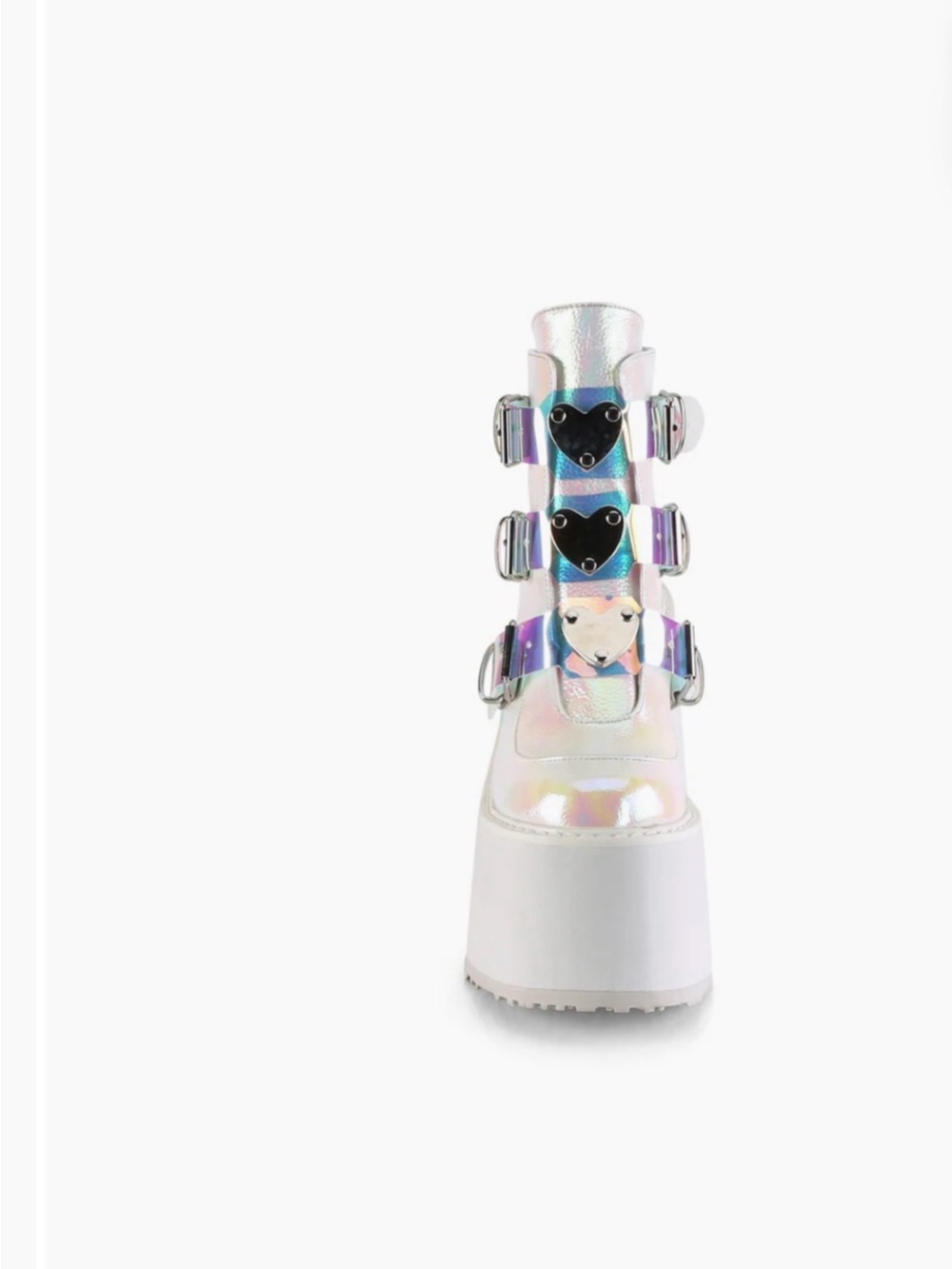 Demonia Holographic Heart Buckle Platform Boot - White Iridescent